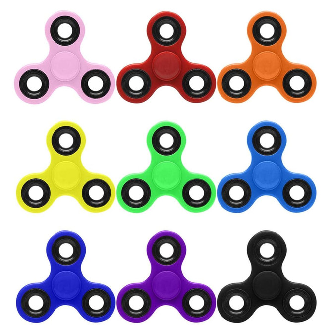 A collection of fidget spinners in various colours: pink, red, orange, yellow, green, blue, black, and purple, with black bearings.