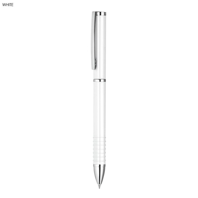A white metal pen with a silver clip and grip, featuring a smooth design and a logo on it.