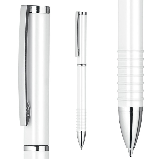 A white metal ball pen with chrome accents and a textured grip, featuring a clip and a branding logo.