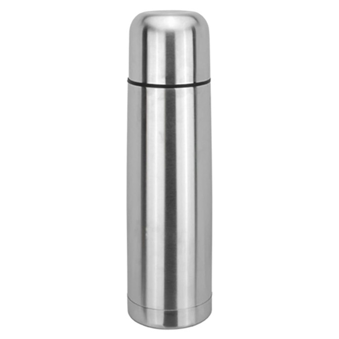 A drink bottle in stainless steel with a sleek, cylindrical design and a rounded cap, featuring a logo.