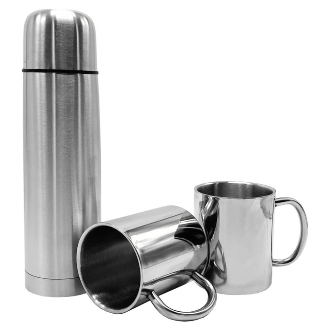 A drink bottle and two stainless steel mugs in a sleek silver finish, featuring a simple design and a logo.