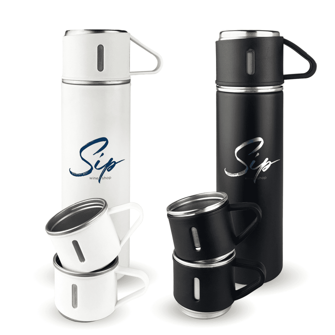 A drink bottle in white and black, with two matching cups in white and black, featuring a logo.