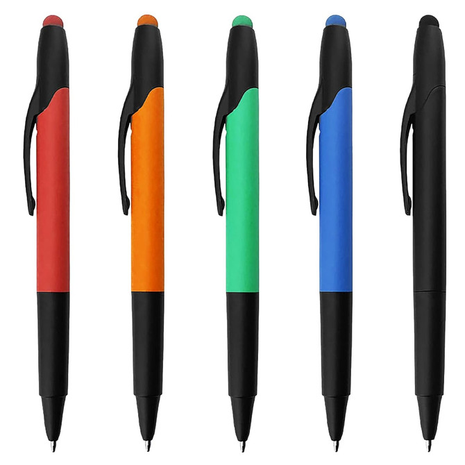 A set of five stylus pens in red, orange, green, blue, and black, featuring black grips and clips.