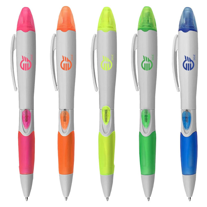 A set of five highlighters in orange, pink, yellow, green, and blue, each with a logo on the body.