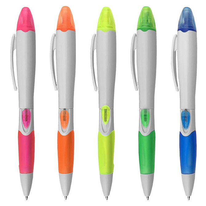 Five Cato Pen Highlighters in various colours: pink, orange, yellow, green, and blue, with a white body and branding.
