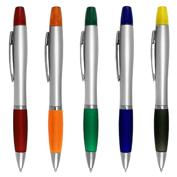 A collection of five highlighters in vibrant colours: red, orange, green, blue, and yellow, with silver accents and branding.