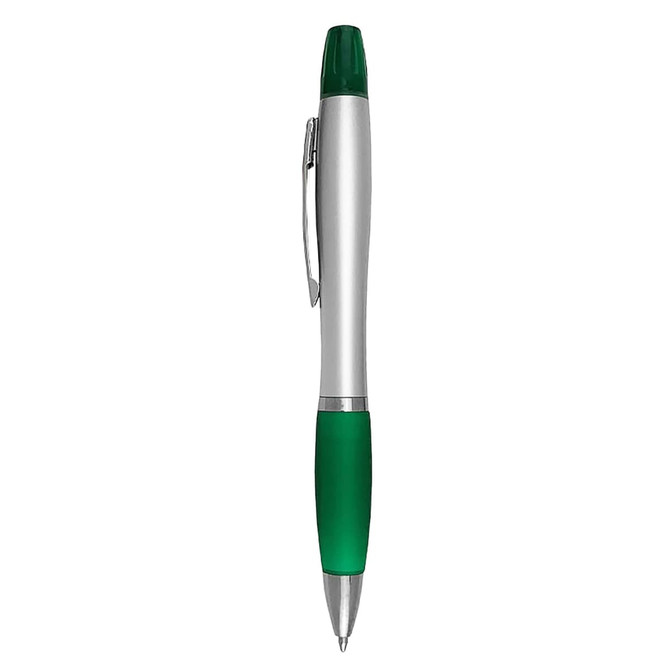 A silver highlighter pen with a green accent and a clip, featuring a logo on the body.