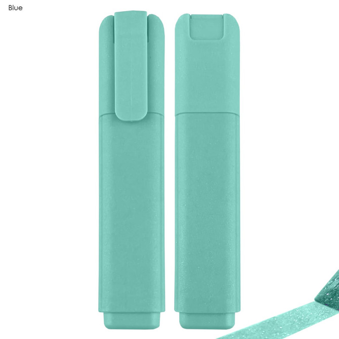 A blue highlighter in a sleek design, featuring a clip and a textured surface, with a logo displayed.
