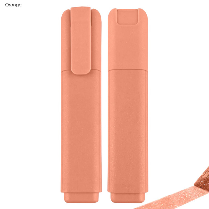 An orange highlighter with a clip, featuring a smooth, rounded design and a subtle glitter finish.