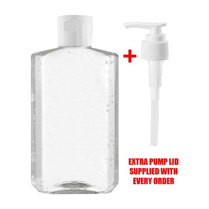 A clear 300ml hand sanitiser gel bottle with a pump lid and an additional pump lid supplied with every order.