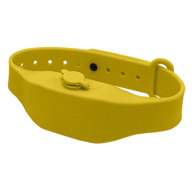 A yellow wristband hand sanitiser dispenser with an adjustable strap and a small nozzle. It features a logo.