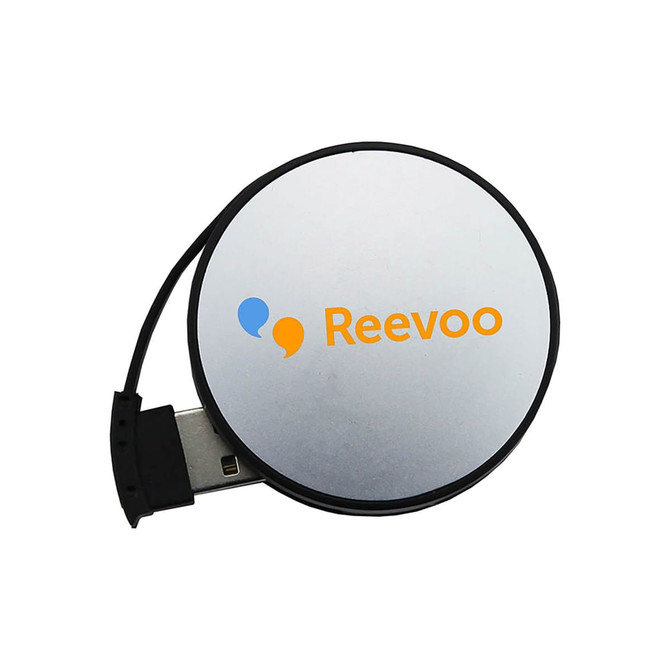 A silver USB hub with a retractable design and a branded logo in orange and blue.