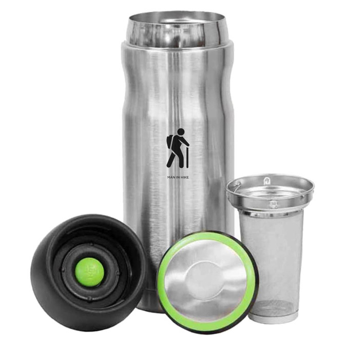 A stainless steel travel mug with a black and green lid, featuring a removable filter and a logo.