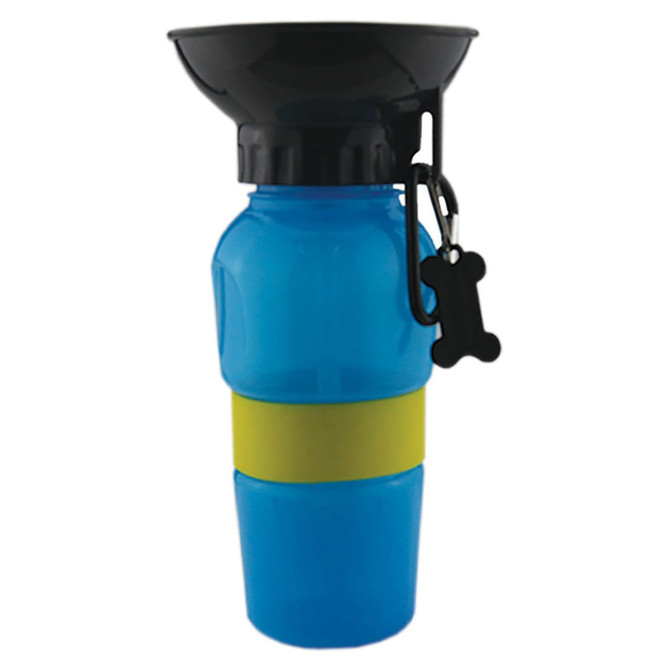 A drink bottle in blue with a black top and yellow silicone band features a bone-shaped accessory.