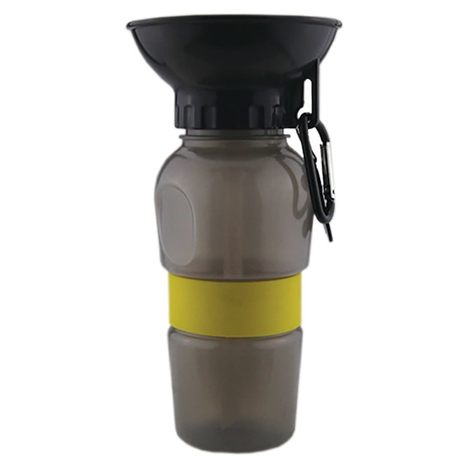 A drink bottle with a black funnel top and a grey body, featuring a yellow silicone band and a carabiner.