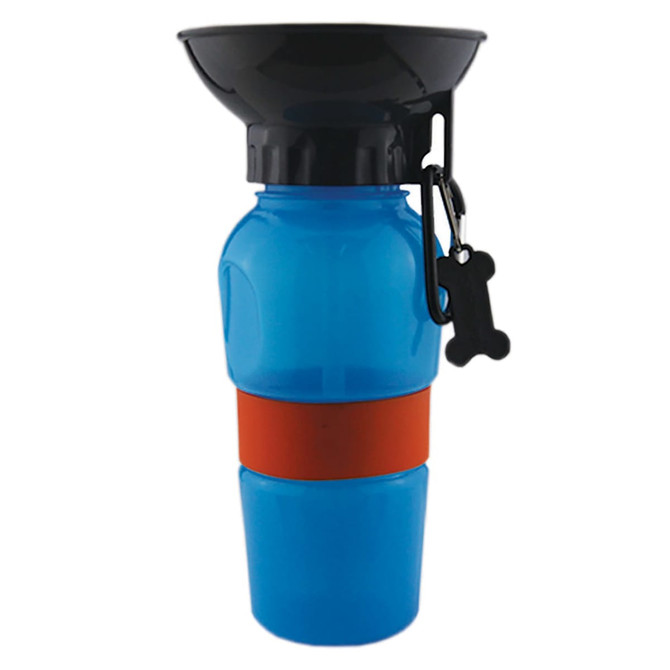 A drink bottle with a blue body, black top, and orange silicone band, featuring a bone-shaped clip.