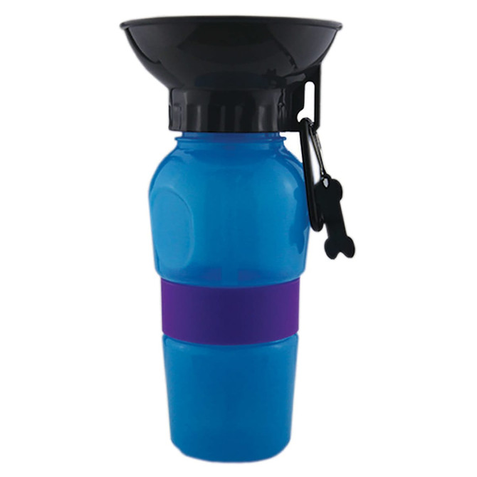 A drink bottle with a black funnel and a purple silicone band, featuring a dog bone-shaped clip.