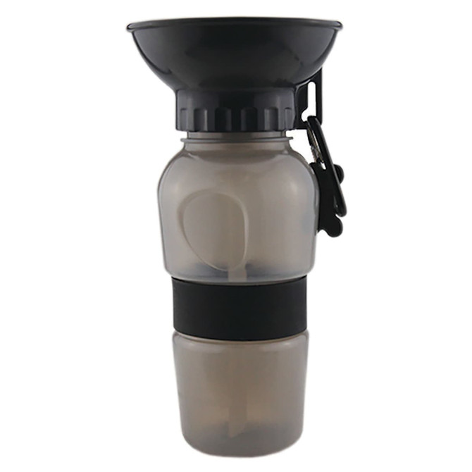 A drink bottle with a black silicone band and a detachable bowl at the top, featuring a clip for easy carrying.