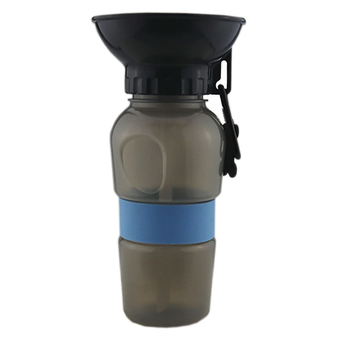 A drink bottle with a grey body, a black funnel top, and a blue silicone band. It features a clip for easy attachment.