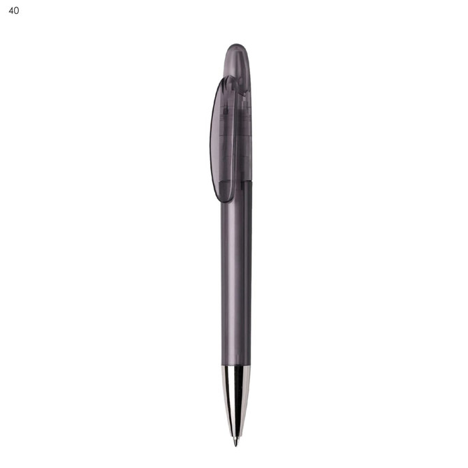 A plastic pen in grey with a clear grip and a silver tip, featuring a logo.