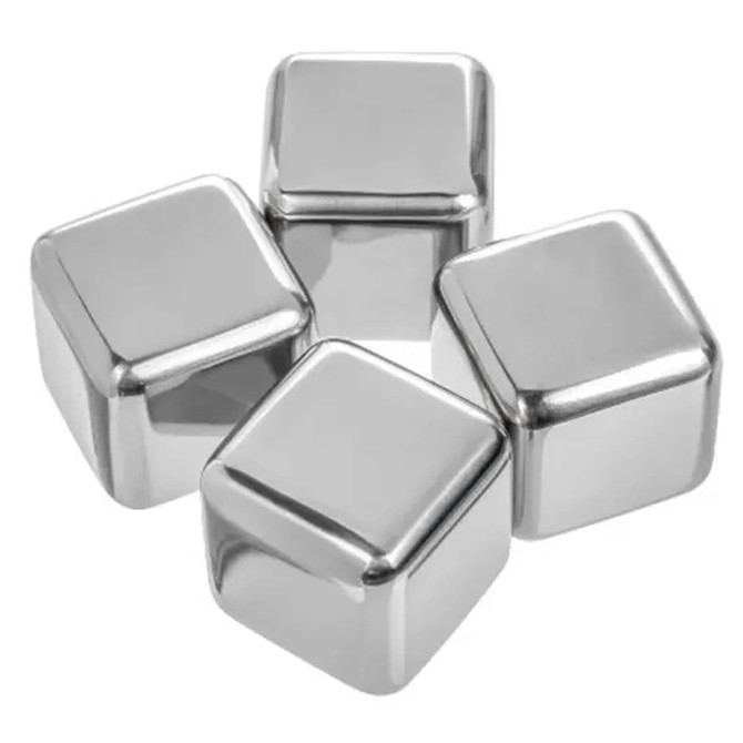 A set of four shiny silver metal ice cubes with a sleek, squared design, suitable for chilling drinks.