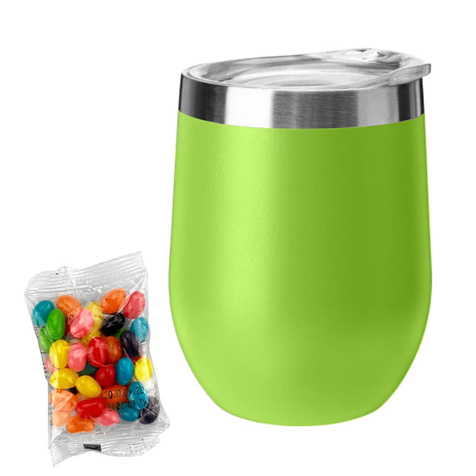 A green coffee mug with a silver lid alongside a bag of colourful jelly beans. The mug has a sleek, tapered design.