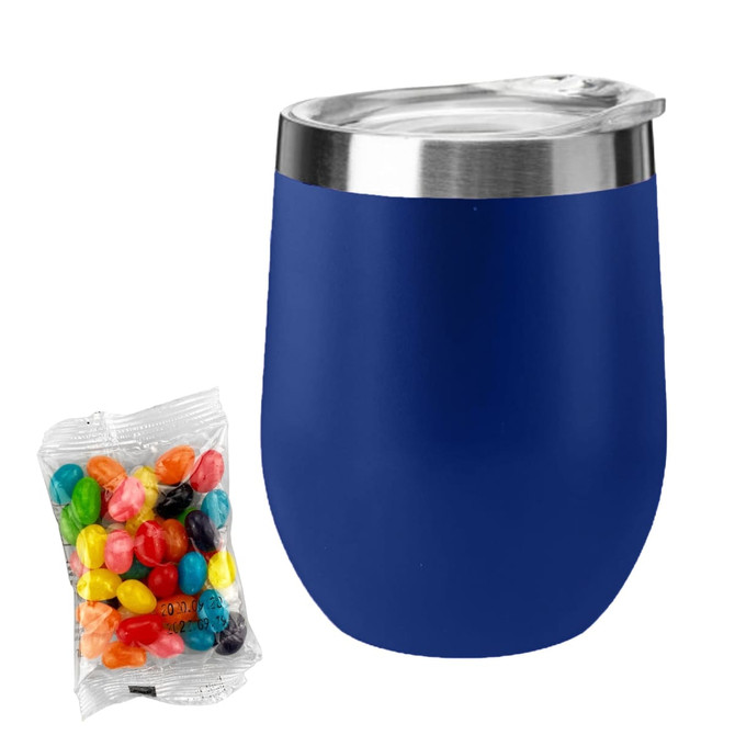 A navy blue coffee mug with a stainless steel lid alongside a clear bag of colourful jelly beans.