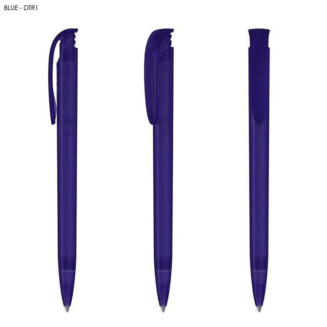 A transparent purple plastic pen featuring a clip and retractable tip, displayed from multiple angles.