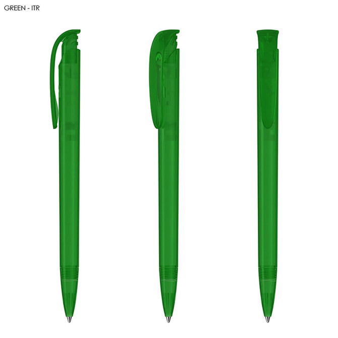 A set of three green plastic pens with clear barrels and clip caps, featuring a simple design and branding.