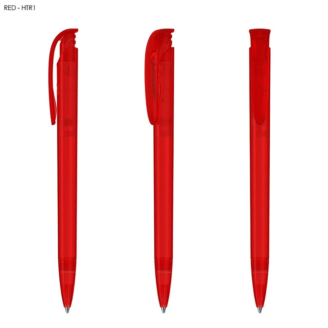 A set of three transparent red plastic pens with clip tops and retractable tips.