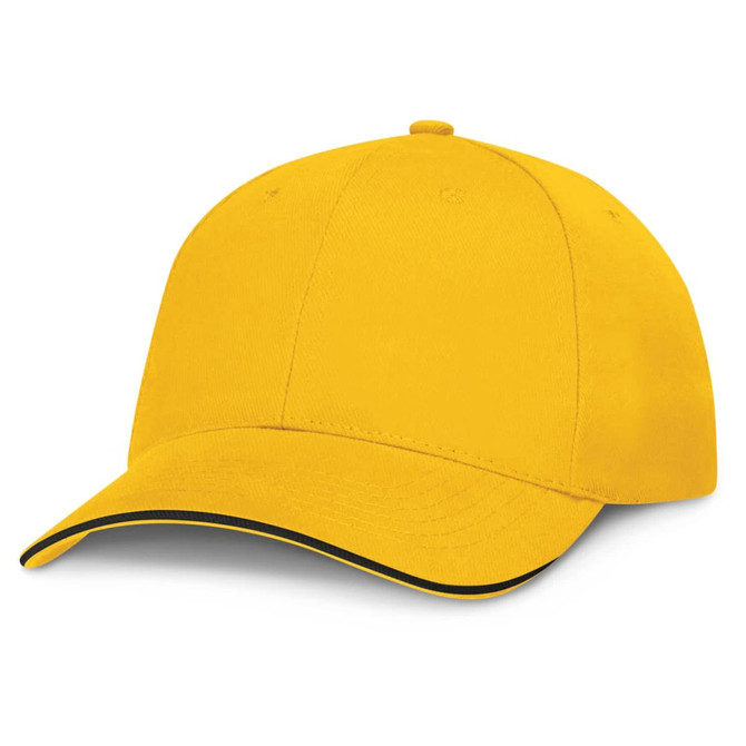 A cap featuring a vibrant yellow color with black trim along the brim. It is designed with a classic baseball cap style.