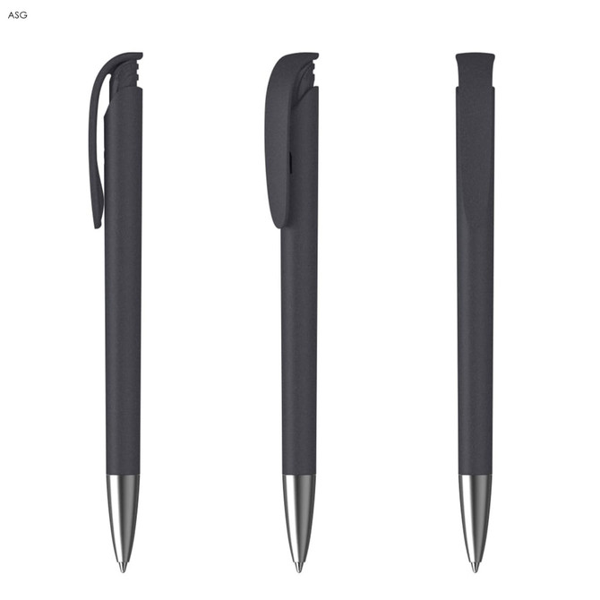 A set of three black plastic pens with soft grips and silver accents, featuring a logo on each.
