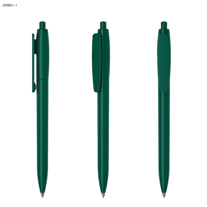 A green plastic pen with a clip, displayed from multiple angles. The pen features a click mechanism at the top.