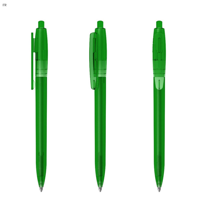 A collection of transparent green plastic pens with distinct designs, featuring clips and retractable tips.