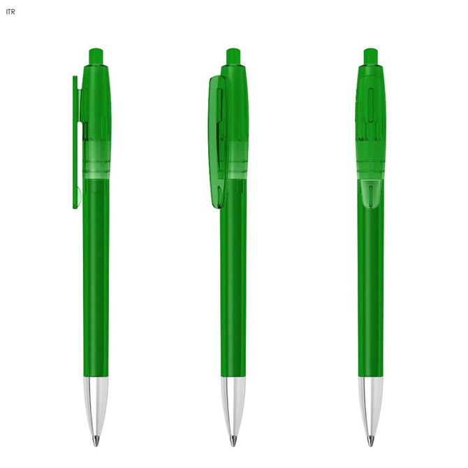 A green plastic pen featuring a clear grip and a silver tip, with branding on the barrel.