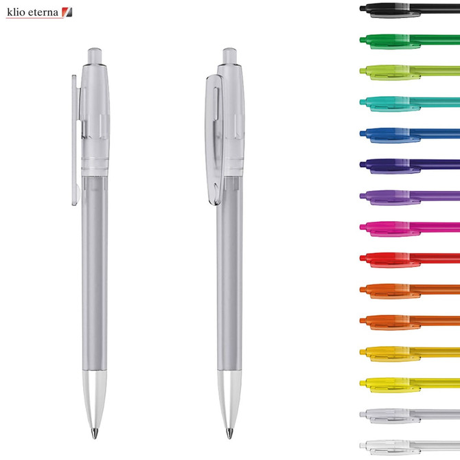 A plastic pen in silver with a click mechanism, displayed alongside various coloured pen options. It features a logo.