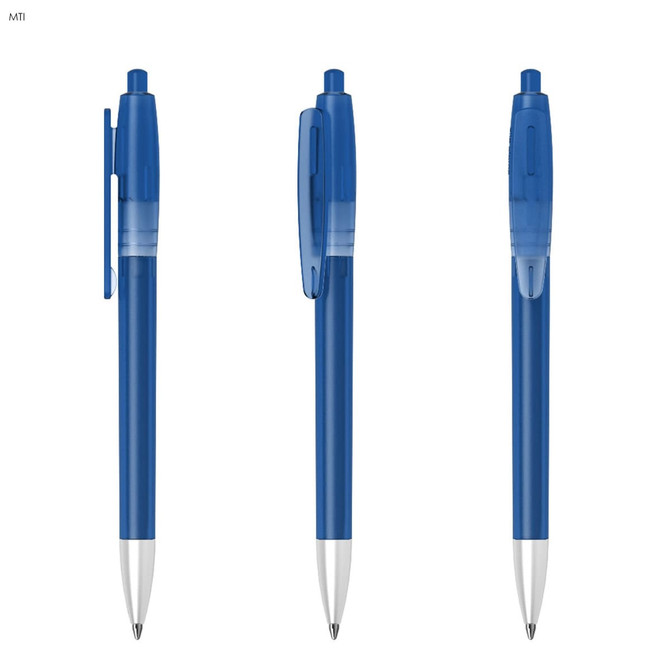 A blue plastic pen with a click mechanism and a silver tip, featuring a branding logo.