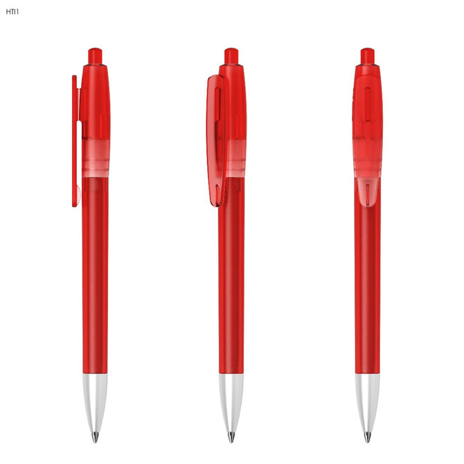A set of three red plastic pens with a clear grip and chrome tips, featuring a branding logo.