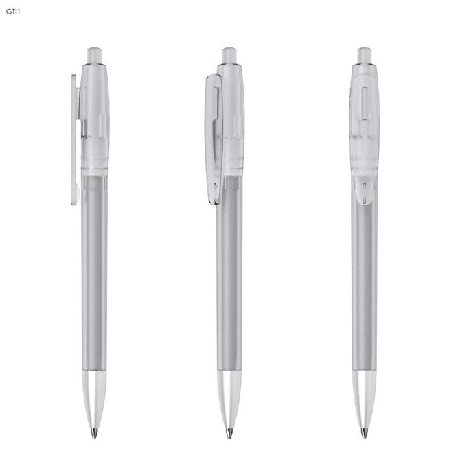 A set of three plastic pens in silver with transparent grips. Each pen features a clip and a branding logo.