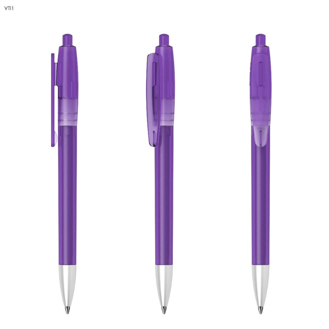 A set of three purple plastic pens with a clear barrel and silver tips, featuring clips for convenience.