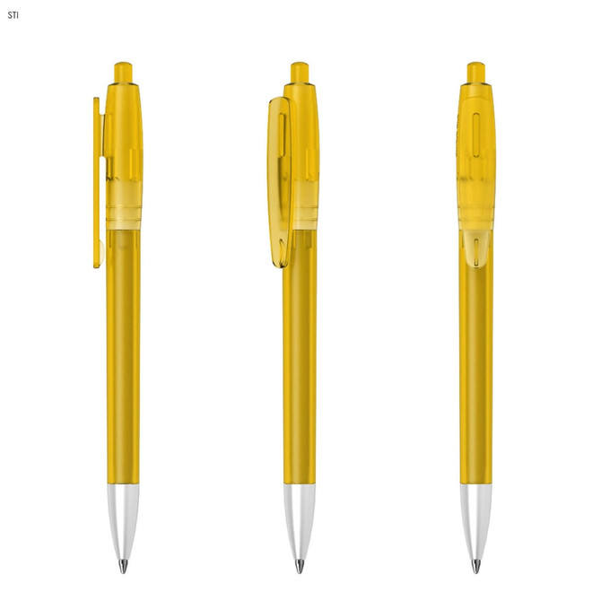 A yellow plastic pen with a transparent clip, featuring a silver ballpoint tip. It has branding on the barrel.