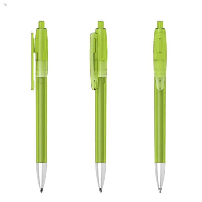 A green plastic pen with a transparent body and silver nib, featuring a clip and push button. It has a logo.
