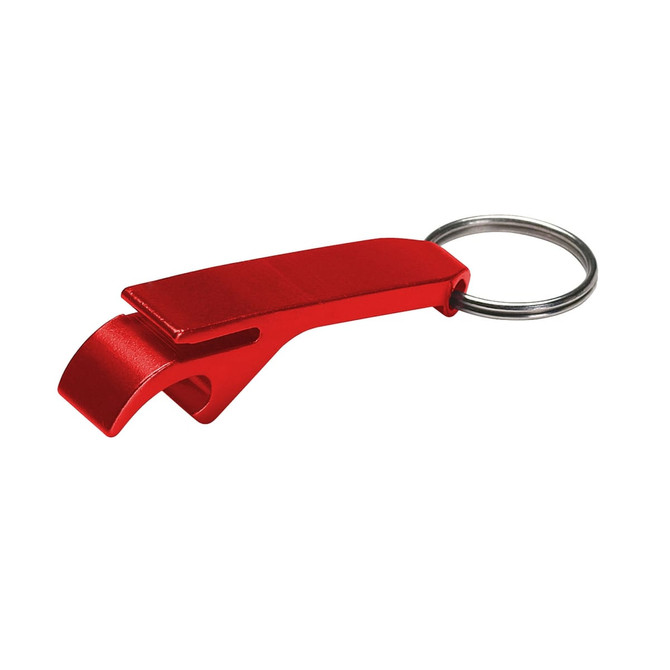 A red drink bottle opener key ring with a metal keyring attachment and a sleek design. It features a branding logo.