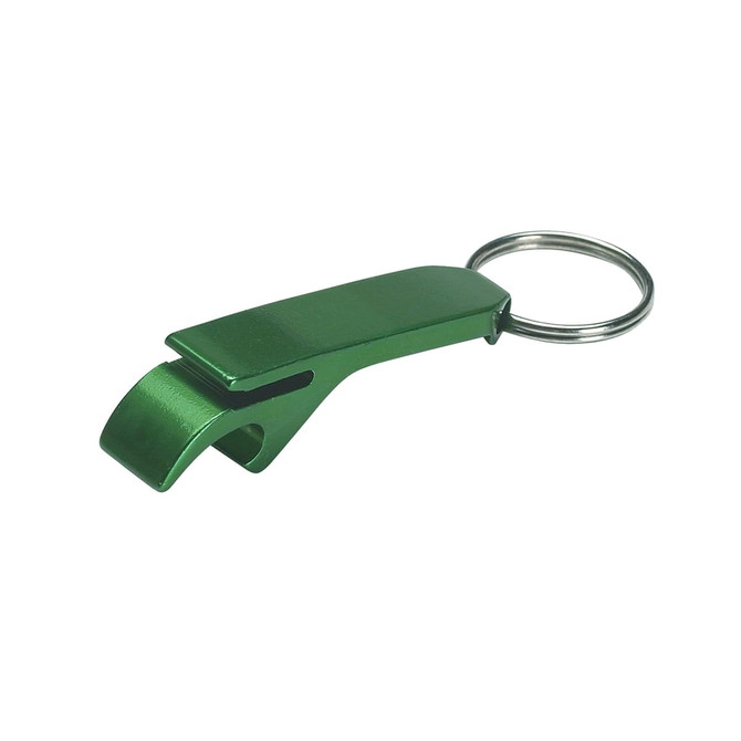A green bottle opener key ring with a metallic finish and an attached key ring. It features a simple, sleek design.