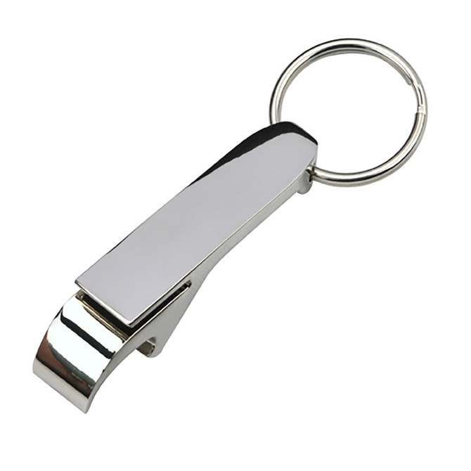 A drink bottle opener key ring in a shiny silver colour with a smooth, sleek design. Includes a circular key ring attachment.