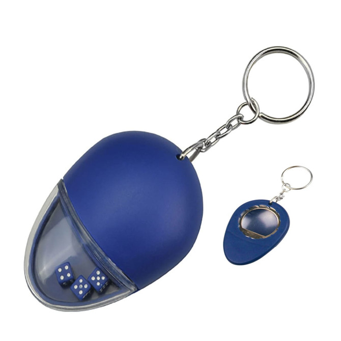 A drink bottle opener key ring in blue, shaped like a capsule, with visible dice inside and a metal keyring attachment.