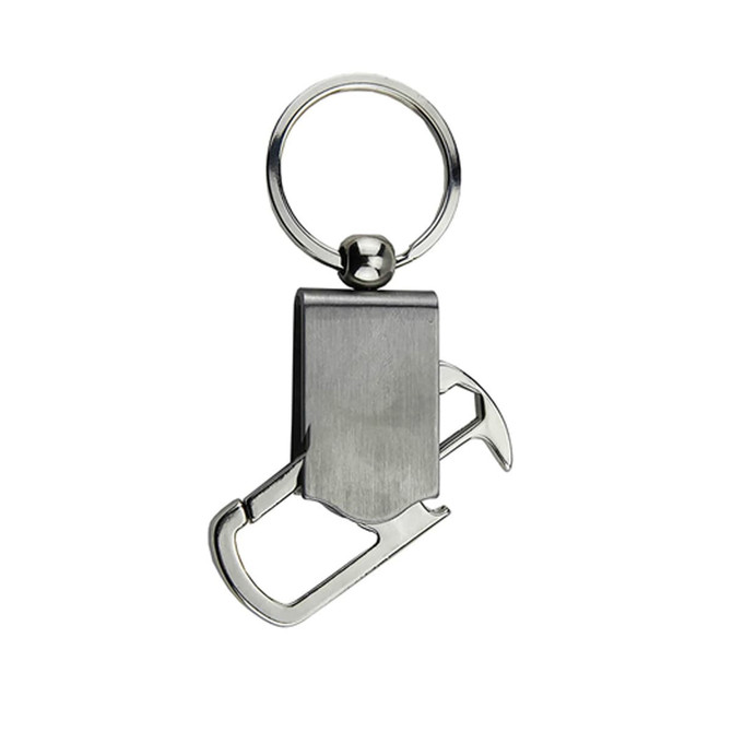 A drink bottle opener key ring in silver, featuring a sleek design and a rounded key ring attachment.