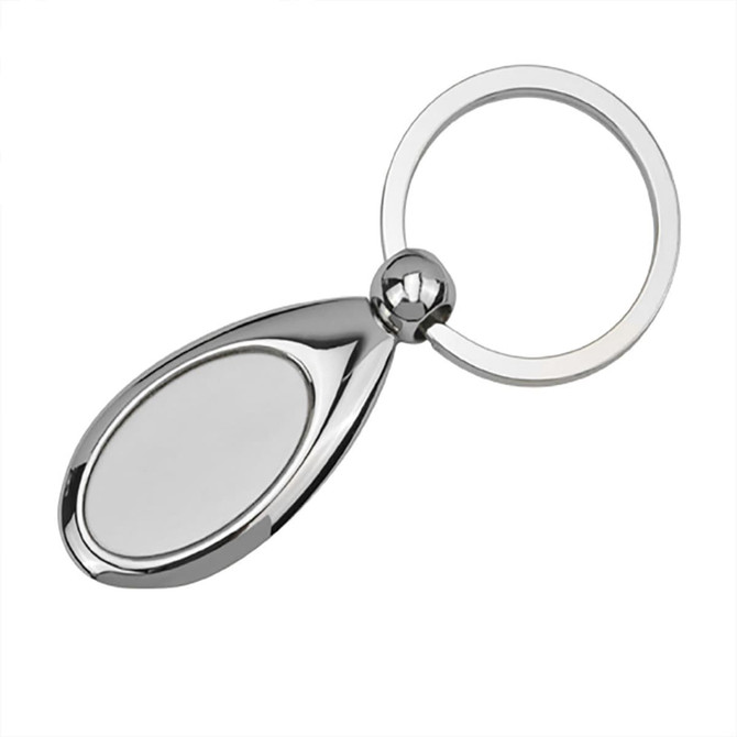 A silver teardrop key ring with a smooth, glossy surface and a circular attachment loop.