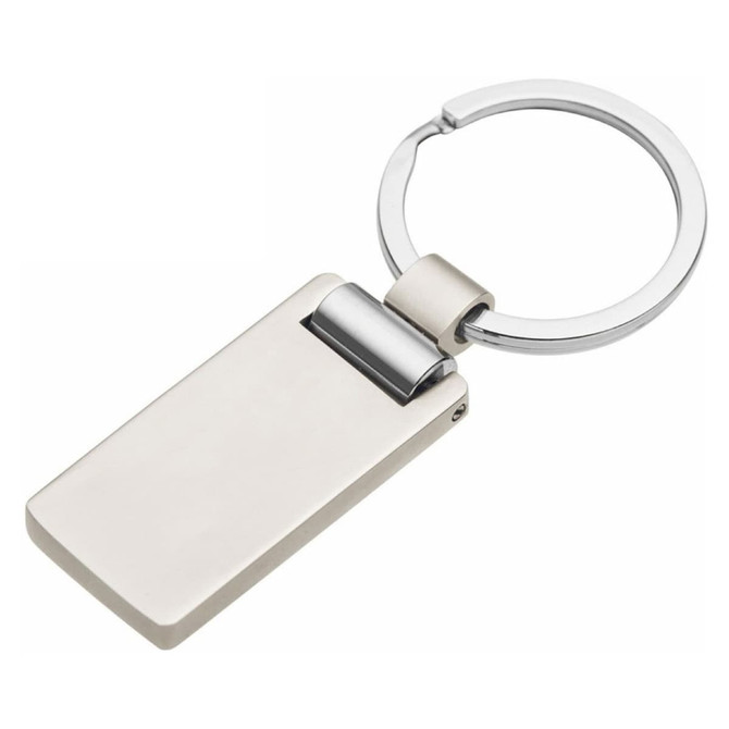 A silver keyring with a rectangular metal tag and a circular attachment ring.