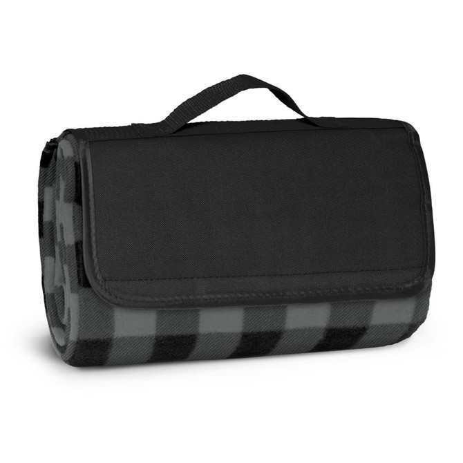 A picnic blanket featuring a black and grey checkered pattern, neatly folded with a black carrying handle.